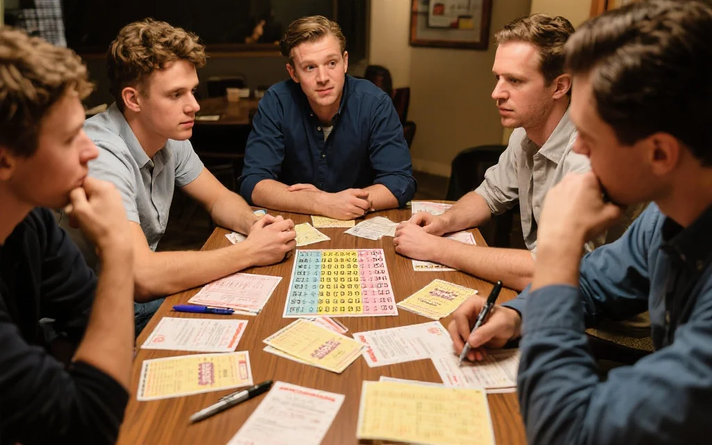 多人围坐在桌边讨论复式投注的号码选择,表情专注,桌上有多种彩票单和笔